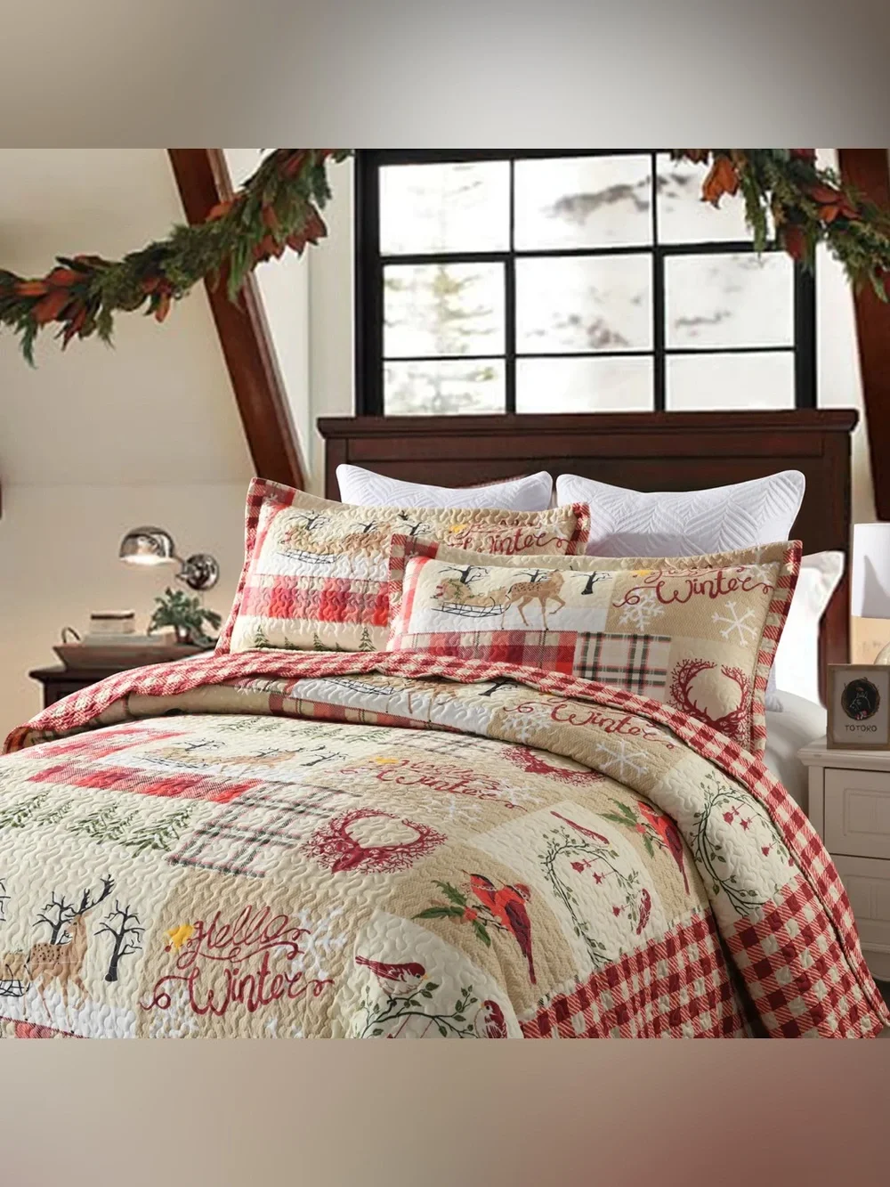 Rustic Winter Plaid Reversible Quilt Set - Red & Cream